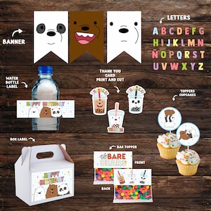 Op de afbeelding: We Bare Bears verjaardagsfeest printbare set met een banner, waterfleslabel, dooslabel, cupcake toppers, bedankkaart, tas topper en letter stickers. De set bevat de drie berenkarakters uit de cartoon.