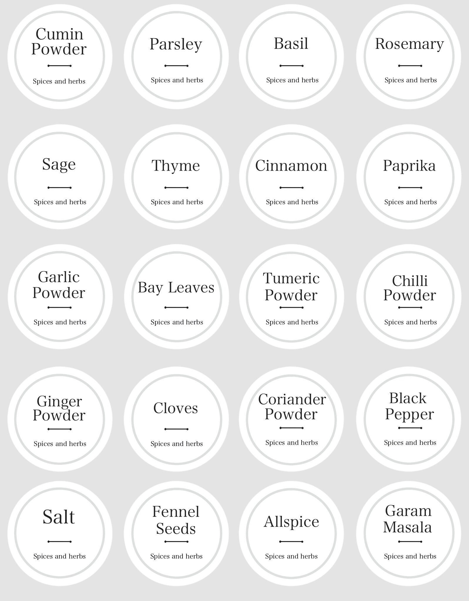 Circle Minimalistic Spices And Herbs Vinyl Sticker - Adhesive Labels - Spices Label - 30 Labels - Home Decor - Kitchen Organisation - 40mm