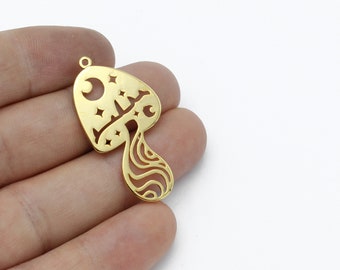 24k Gold Plated Mushroom Charm, Mushroom Earrings, Gold Celestial Mushroom Pendant, Laser Cut Findings, Necklace Pendant, 20x39mm, SH-1991