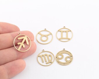 Raw Brass Zodiac Sign Charms, Brass Horoscope Pendant, Astrology Earrings, Raw Brass Zodiac Jewelry, Brass Findings, 20mm, SH-278