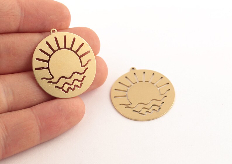 2pcs Raw Brass Laser Cut Sea and Sun Pendant, Round Sea Wave Medallion ...