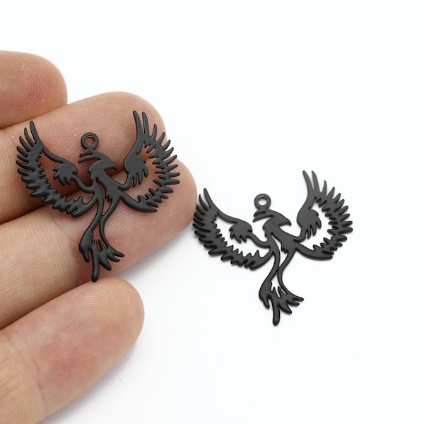 Black Plated Phoenix Charms, Eagle Pendant, Bird Earrings, Phoenix Jewelry, Animal Charms, Black Findings, 28x28mm, SH-1931