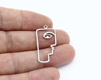 2 Pcs Stainless Steel Face Pendant, Modern Art Charm, Picasso Face Earrings, Abstract Face Outline Pendants, Steel Findings, 16x32mm,SH-2925