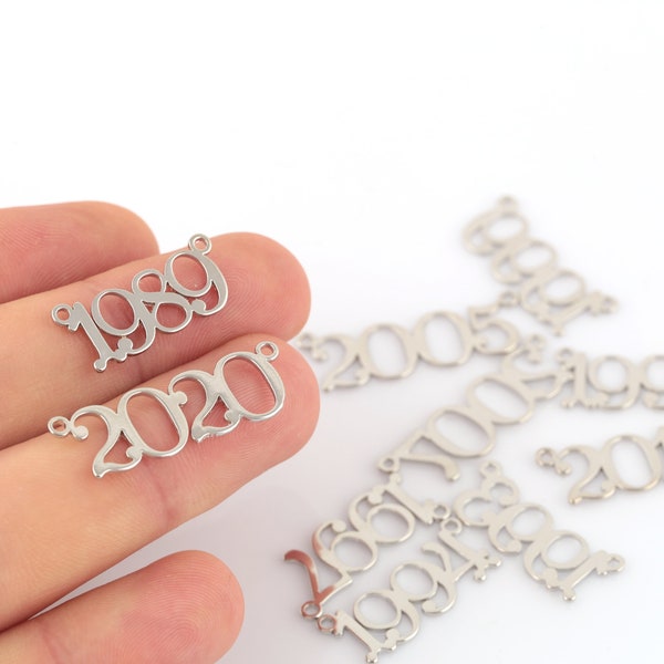 Rhodium Plated Birth Year Charms, Year of Birth Old English Number Link Connector, Old English Year Necklace, Personalized Jewelry, SH-881