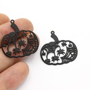 Black Plated Pumpkin Charms, Spider Web Pendant, Pumpkin Halloween Jewelry, Spooky Charms, Spider Earring, Black Findings, 29x30mm, SH-1487