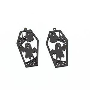 Black Plated Coffin Charms, Spider Web and Ghost Pendant, Coffin Halloween Jewelry, Spooky Charms, Ghost Necklace, 22x43mm, SH-1552