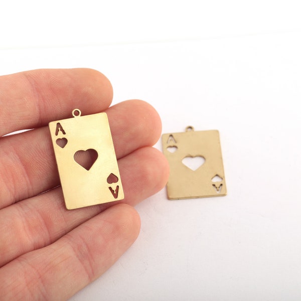 2 Pcs Raw Brass Laser Cut Playing Cards Pendant, Ace of Hearts Charm, Playing Card Jewelry, Laser Cut Findings, 18x30mm, SH-18