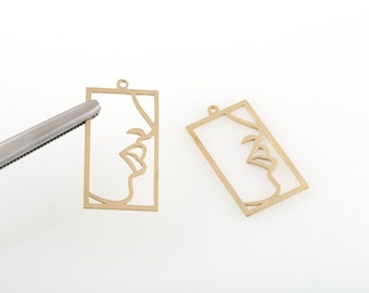 2 Stück Rohes Messing Frau Gesicht Anhänger, Umriss Gesicht Ohrringe, moderne Kunst Charms, Frau Gesicht Silhouette Schmuck, Messing Zubehör, 17x33mm, SH-233