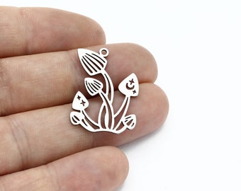 Stainless Steel Mushroom Charm, Fairy Mushroom Earrings, Moon and Star With Mushroom Pendant, Steel Findings, Necklace Pendant, SH-3128