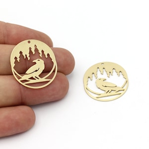 2 Pcs Raw Brass Crow Charms, Tree and Bird Pendant, Crow Earrings, Animal Jewelry, Halloween Pendant, Brass Findings, 26x30mm, SH-1382