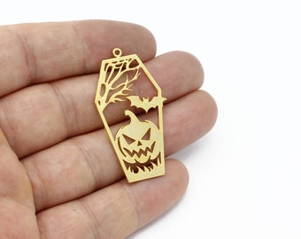 24k Gold Plated Coffin Charms, Bats and Pumpkin Coffin Pendant, Pumpkin Coffin Halloween Jewelry, Flying Bats Necklace, 24x43mm, SH-2244