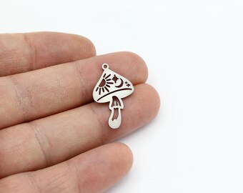 2 Pcs Stainless Steel Mushroom Charm, Mushroom Pendant, Moon Phases Mushroom Jewelry, Laser Cut Findings, Necklace Pendant, 15x25mm, SH-3444