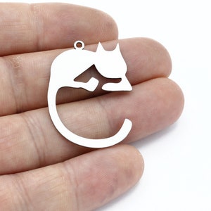 2 Pcs Stainless Steel Cat Charm, Laser Cut Cat Pendant, Raw Cat Jewelry, Cat Earrings, Animal Pendant, Steel Findings, 26x34mm, SH-3075