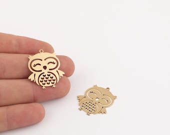 2 Pcs Raw Brass Owl Pendant, Owl Charm, Owl Earrings, Raw Brass Animal Jewelry, Bird Jewelry, Laser Cut Findings, 27x29mm, SH-1151
