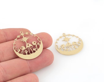 1 Pcs Raw Brass Mushroom Charms, Moon Phases Mushroom Pendant, Star and Mushroom Jewelry, Laser Cut Findings,Brass Findings, 29x31mm, SH-525