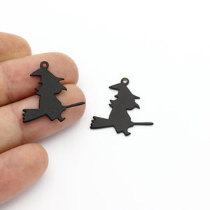 2 Pcs Black Plated Witch Earrings, Witch Broomstick Pendant, Witch Broomstick Charm, Spooky Charms, Halloween Pendant, 23x23mm, SH-1547