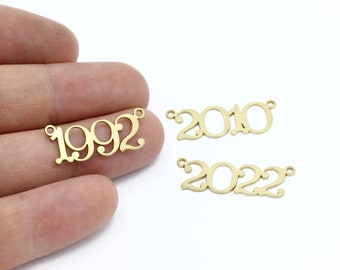 Raw Brass Birth Year Charms, Year of Birth Old English Number Link Connector, Old English Year Necklace, Personalized Jewelry, SH-2578