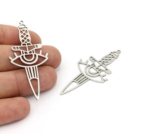 Stainless Steel Sword Charms, Eye Detailed Sword Pendant, Steel Sword Earrings, Laser Cut Findings, Jewelry Supplies, 28x57mm, SH-1444