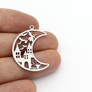 2 Pcs Stainless Steel Crescent Pendant, Moon and Castle Earring, Bat Charms, Spooky Jewelry, Earring Charm, Halloween Findings, SH-1594