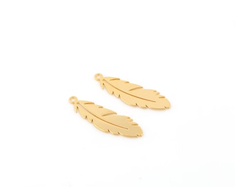 Shiny Gold Plated Feather Charm, Animal Feather Pendant, Wing Angel Necklace, Necklace Pendant, Laser Cut Findings, 2Pcs, 10x33mm, SH-665
