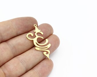 May include: Gold-coloured metal pendant with a decorative design. The pendant is shaped like a stylised letter "S" with a loop at the top.