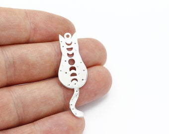 Rhodium Plated Cat Pendant, Star Cat Charms, Cat Jewelry, Earring Findings, Animal Pendant, Jewelry Supplies, 14x41mm, SH-2820