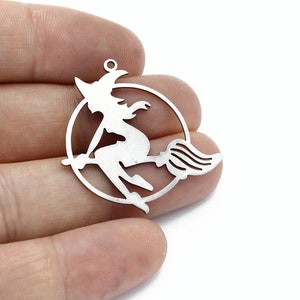 Stainless Steel Witch Pendant, Witch Broomstick Medallion, Witch Broomstick Charm, Spooky Charms, Halloween Pendant, 34x35mm, SH-3218