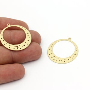 2 Pcs Raw Brass Starry Sky Pendants, Round Star Earring, Galaxy Jewelry, Celestial Charms, Laser Cut Findings, Brass Findings, SH-1350
