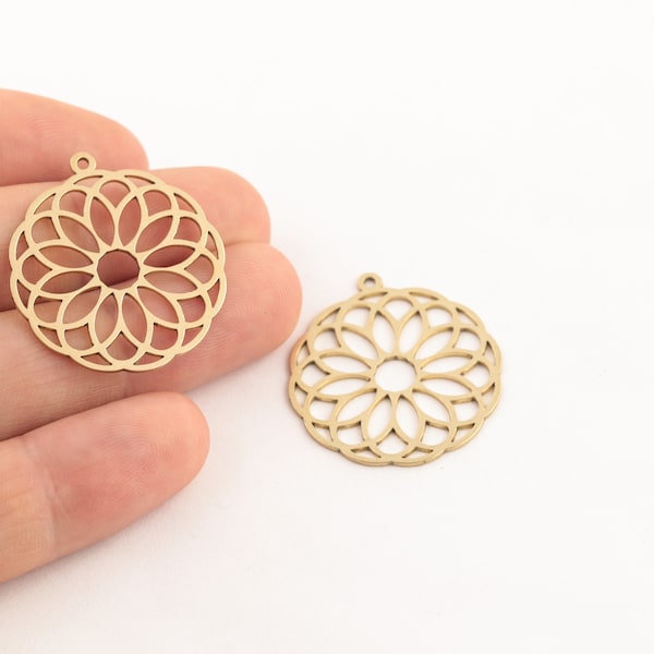 2 Pcs Raw Brass Mangala Pendant, Flower Charms, Round Mandala Medallion, Raw Brass Floral Jewelry, Laser Cut Findings, 29x32mm, SH-141