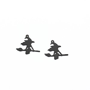 2 Pcs Black Plated Witch Pendant, Witch Broomstick Earrings, Witch Broomstick Charm, Spooky Charms, Halloween Pendant, 21x23mm, SH-1549