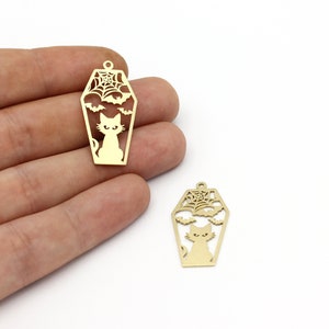 Raw Brass Coffin Charms, Bats and Cat Coffin Pendant, Spider Coffin Halloween Jewelry, Flying Bats Necklace, Halloween Findings, SH-1269