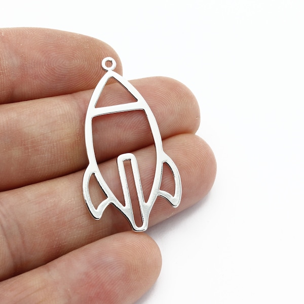 Rhodium Plated Space Rocket Pendant, Space Charms, Rocket Ship Earring, Space Travel Jewelry, Laser Cut Findings, Rhodium Findings, SH-2841