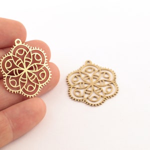 2 Pcs Raw Brass Flower Charms, Laser Cut Filigree Flower Pendant, Raw Brass Floral Mandala Earrings, Laser Cut Findings, 29x32mm, SH-75