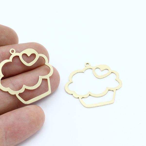 2 Pcs Raw Brass Cupcake Pendant, Cake Charm, Heart Detailed Cup Cake Earrings, Necklace Pendant, Jewelry Supplies,Laser Cut Findings,SH-2509