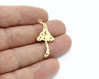24k Gold Plated Mushroom Earrings, Mushroom Pendant, Moon and Star Mushroom Jewelry, Laser Cut Findings, Necklace Pendant, 15x32mm, SH-2677