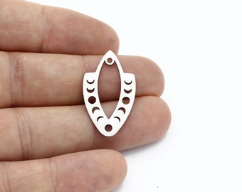 May include: A silver metal pendant shaped like a teardrop with a cutout design of a crescent moon in various phases.