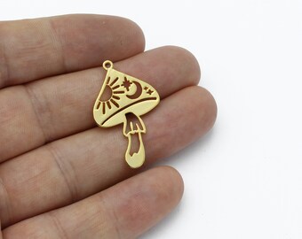 24k Gold Plated Mushroom Pendant, Mushroom Earrings, Gold Moon Phases Mushroom Jewelry, Laser Cut Findings, Necklace Pendant, SH-1857