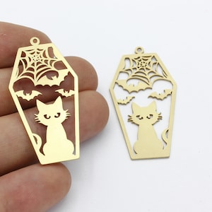 Raw Brass Coffin Pendant, Bats and Cat Coffin Earrings, Spider Coffin Halloween Charms, Flying Bats Necklace, Halloween Findings, SH-1567