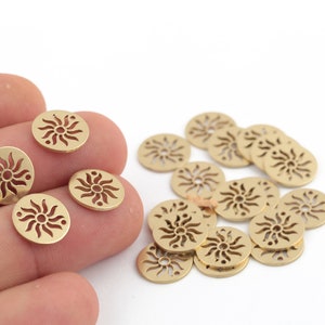 4 Pcs Raw Brass Sun Pendant, Tiny Sun Connector, 2 Hole Sun Bracelet Connector, Disc Sun Charm, Sky Jewelry, Laser Cut Findings, 12mm,SH-619