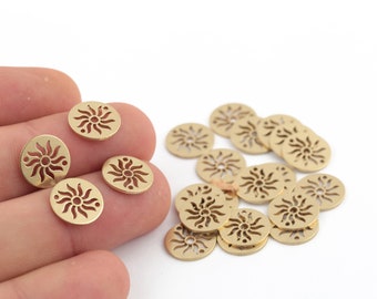 4 Pcs Raw Brass Sun Pendant, Tiny Sun Connector, 2 Hole Sun Bracelet Connector, Disc Sun Charm, Sky Jewelry, Laser Cut Findings, 12mm,SH-619