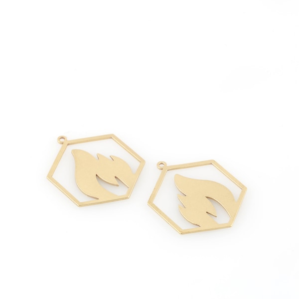 2 Pcs Raw Brass Flame Charms,  Brass Findings, Flame Jewelry, Hexagon Fire Necklace, Flame Pendant, Laser Cut Jewelry, 25x31mm, SH-505