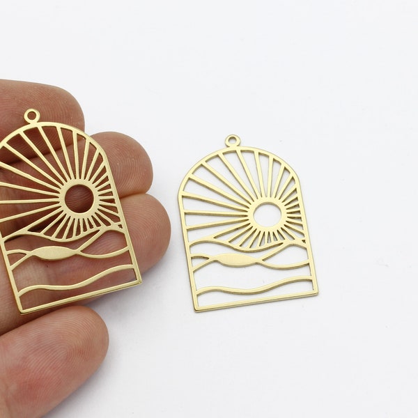 Raw Brass Sun Charms, Domed Sun Pendant, Sunshine Earring, Celestial Jewelry, Laser Cut Findings, Necklace Pendant, 24x37mm, SH-1762