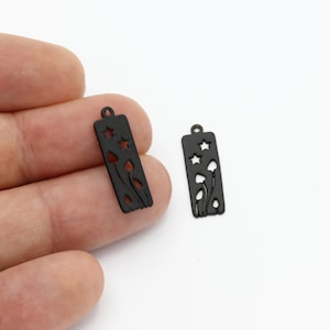 2 Pcs Black Plated Star and Flower Charms, Tiny Tulip Pendant, Rectangle Flower Earrings, Earring Charm, Black Findings, 7x22mm, SH-2649