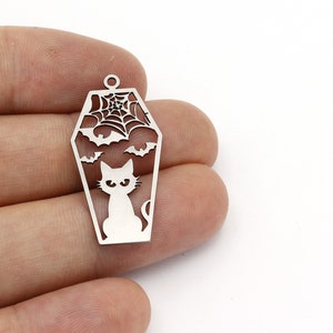 Stainless Steel Coffin Charm, Bats and Cat Coffin Pendant, Spider Coffin Halloween Jewelry, Flying Bats Necklace, Halloween Findings,SH-1607