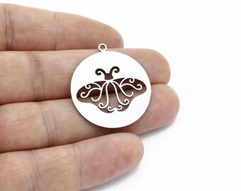 Stainless Steel Butterfly Pendant, Butterfly Charm, Round Animal Jewelry, Animal Medallion, Necklace Findings, Steel Findings, SH-2961