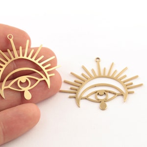 2Pcs Raw Brass Eye Teardrop Pendant, Laser Cut Sun and Moon Earrings, Raw Eye Jewelry, Celestial Charms, Laser Cut Findings, 37x46mm,SH-70