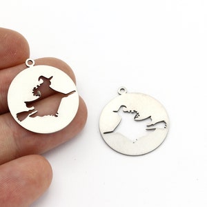 2 Pcs Stainless Steel Round Witch Charms, Witch Broomstick Pendant, Witch Broomstick Medallion, Spooky Charms, Halloween Pendant, SH-1590