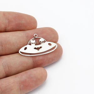 Rhodium Plated Spaceship Pendant, UFO Alien Charm, UFO Alien Pendant, Spacecraft Alien Necklace, Laser Cut Findings, 19x30mm, SH-3352