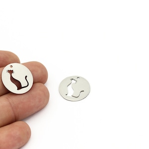 2 Pcs Stainless Steel Cat Pendant, Tiny Cat Medallion, Cat Silhouette Earrings, Cat Charms, Animal Pendant, Steel Findings, 20mm, SH-1245