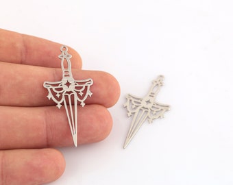 Rhodium Plated Sword Charms, Sword Pendant, Sword Earrings, Knife Jewelry, Rhodium Plated Findings, Jewelry Supplies, 1 Pcs, 22x46mm, SH-848